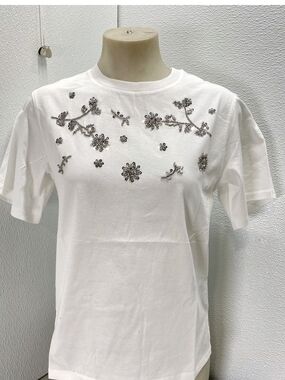 Weekend By Max Mara Print and Embroidery Embellished T-Shirt Sz S White New